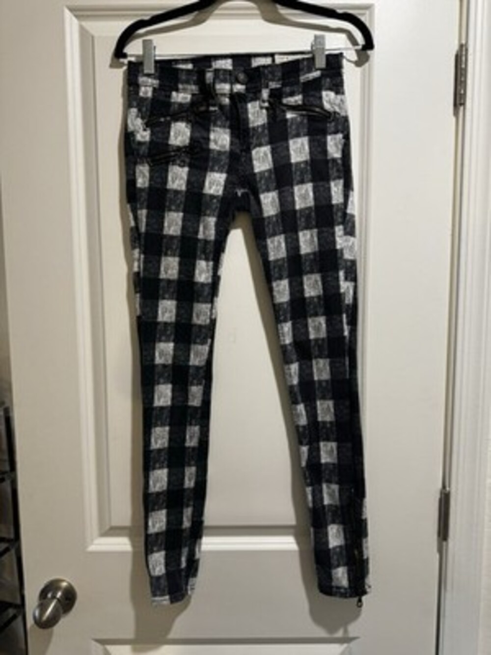 Rag & Bone Buffalo Check Skinny Jeans Black White Plaid Zip Pocket Stretch Sz 25